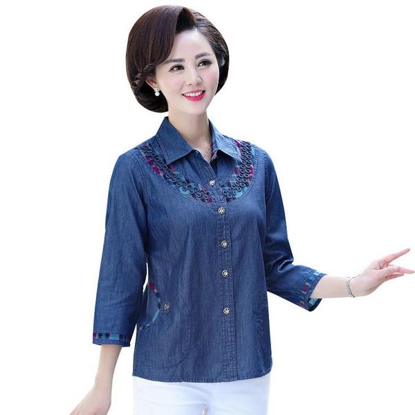 

women's blouses & shirts denim shirt three quarter spring fall middle age mother women casual plus size cotton blouse, White