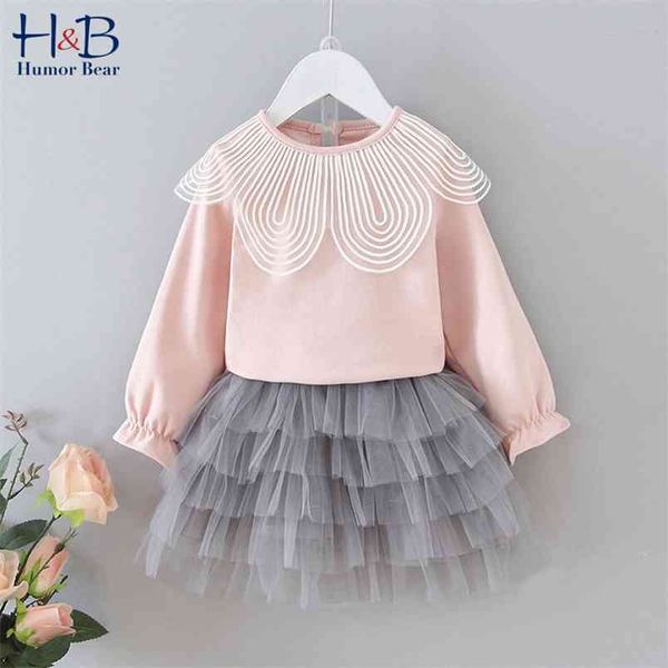 

girls sets spring and autumn baby fashion temperament bottoming shirt lace collar +gauze skirt 2pcs kids suit 210611, White