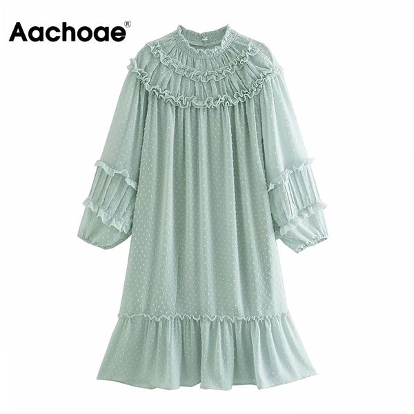 Aachoae Chic Women Dot Embroidery Ruffles Abiti in pizzo chiffon Sweet Party Dress Abito longuette a maniche lunghe allentato Robe Femme 210413