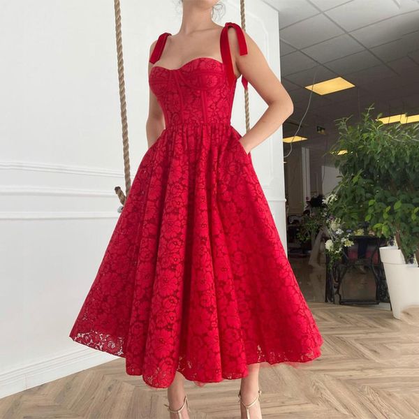 

sweetheart spaghetti straps red lace tea length prom dress a-line evening gowns, Black