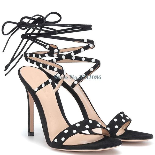 

black faux suede pearl thin high heel sandals single strap cross tie stiletto ankle summer ladies shoes