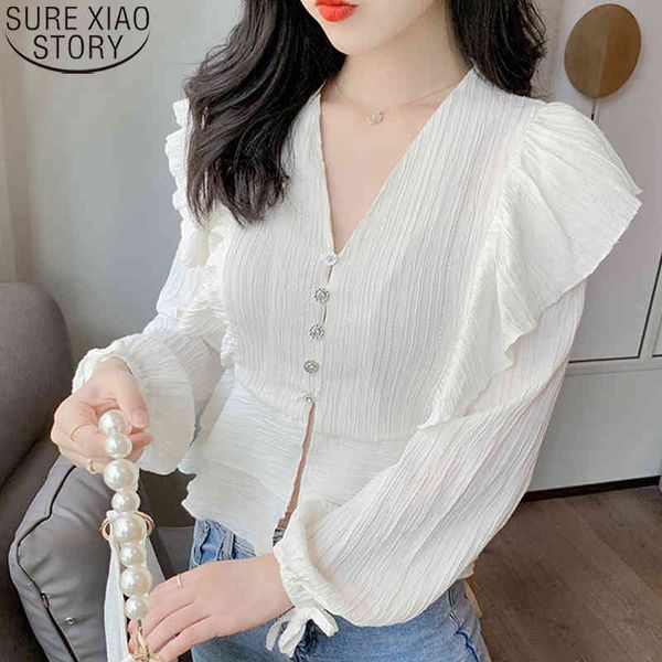 Moda Lace-up Camisas Mulheres Cardigan Blusas Outono Doce Womens Tops e Blusas Camisa Chiffon Feminino Roupa Casual 10587 210417