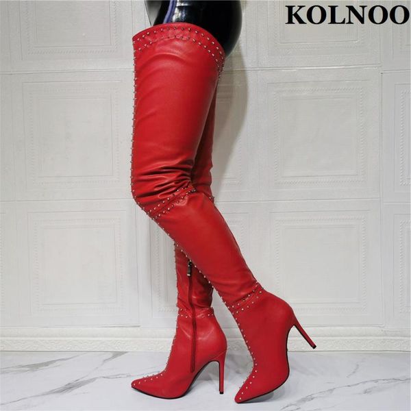 

boots kolnoo handmade womens over knee rivets spikes pointy evening club party thigh-high fashion winter shoes, Black