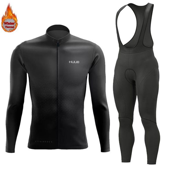 

racing sets huub winter team 2022 cycling jersey set fleece mens clothing long sleeve mtb bike road pants bib maillot culotte, Black;blue