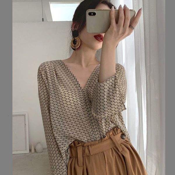 

women's blouses & shirts fashion long sleeve chiffon vintage femme spring summer v neck street elegant print whds, White