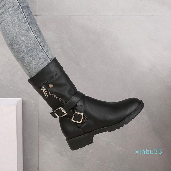 

boots fashion mid-calf plus size 43 women buckle goth female low square heel zipper flat shoes red black