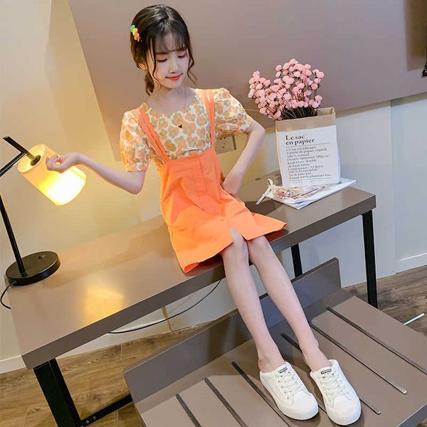 

casual summer girls strap sets for kids girl fashion short sleeve two pieces suit 12 children's clothing t-shirt + strap skirt, Red;yellow