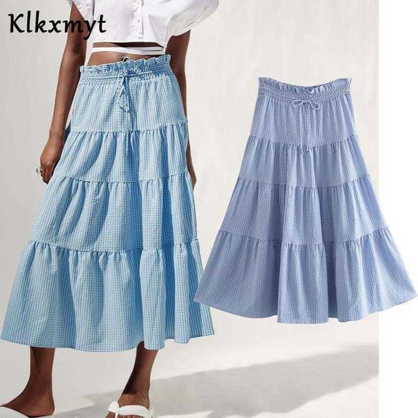 

klkxmyt za women long skirts woman plaid lace up vintage elastic high waist midi summer skirt casual loose female 210527, Black