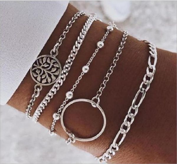 

anklets bracelet set metal chain bead round tree circle charm silver plated lobster figaro fashion women gift, Red;blue