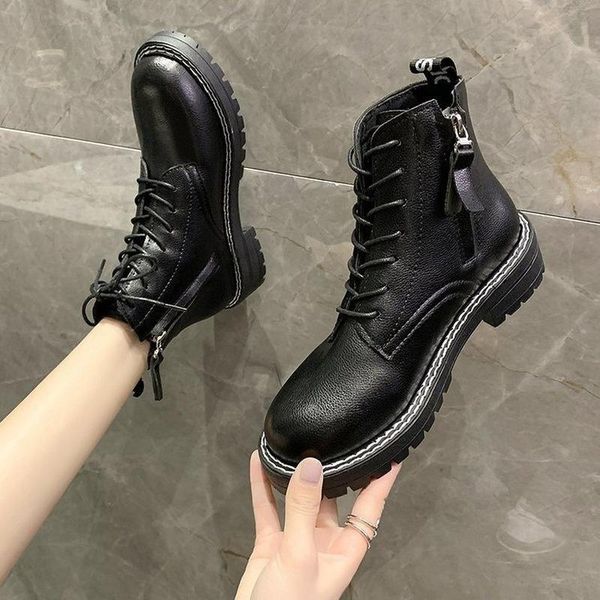 

boots fashion side zipper round toe low-heel winter women cross strap rubber sole square heel woman ankle, Black