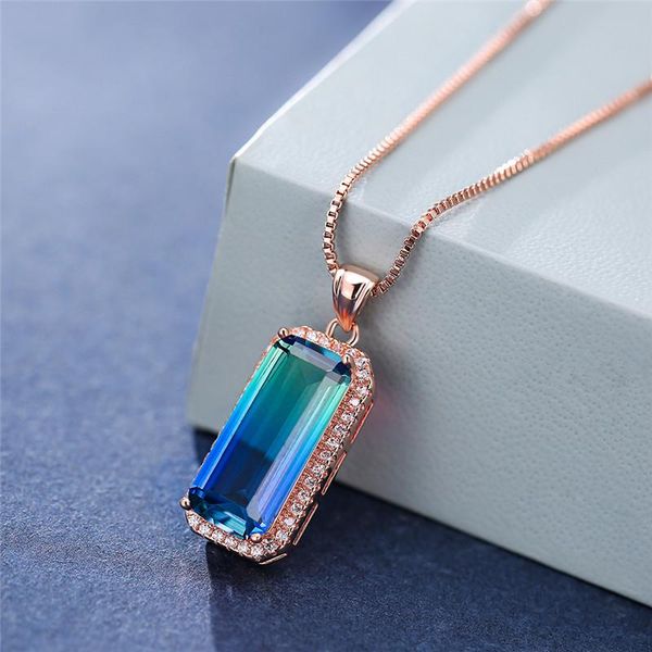 

rectangle rainbow stone pendants necklaces for women vintage fashion rose gold chain multicolor zircon necklace wedding jewelry pendant, Silver