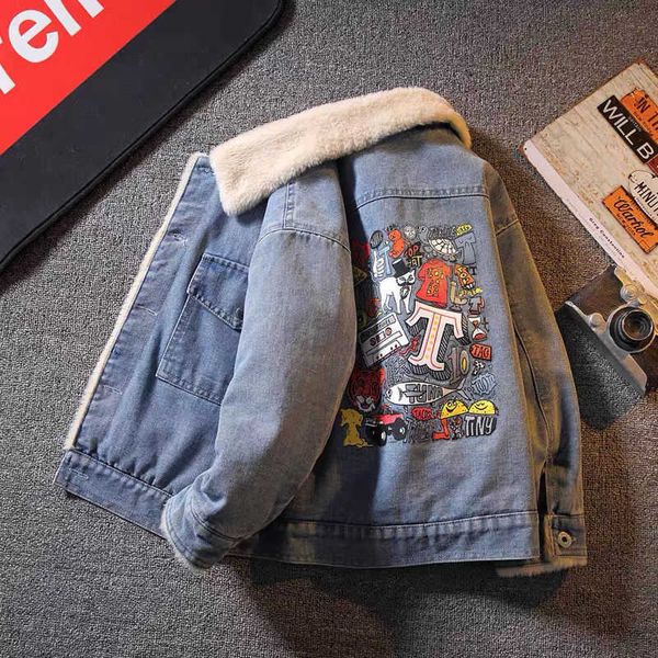 Meninos denim jaquetas mais veludo engrossado outono e inverno novo crianças engrossadas casacos de estilo coreano jeans para crianças H0909