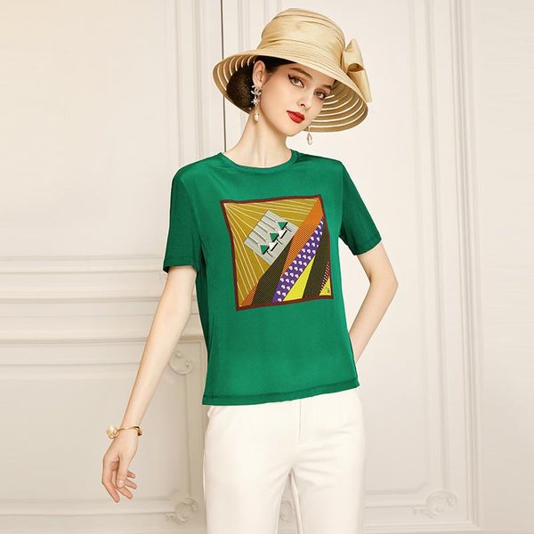 

women's t-shirt shzq silk short sleeve fashion mulberry bottomed shirt summer 2021 round neck thin green top, White