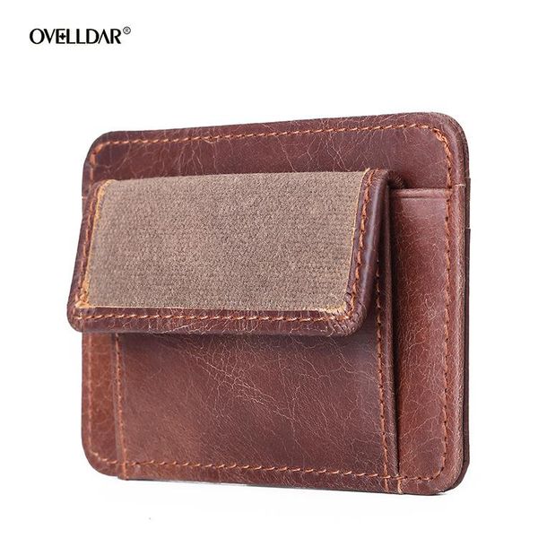 

card holders retro style oil wax canvas ultra-thin holder men and women genuine leather documents mini bag coin purse, Brown;gray