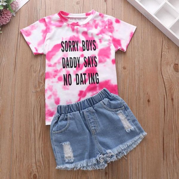 

clothing sets girls' product tie-dye t-shirt pants two-piece 2021 summer children's baby girl ripped jeans set, White