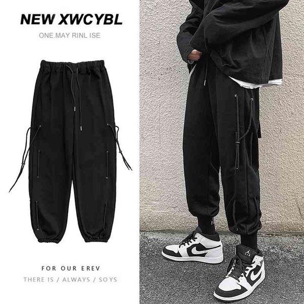 

men's pants autumn hip-hop fashion solid color drawstring casual men streetwear loose korean straight trousers mens s-3xl zemf, Black