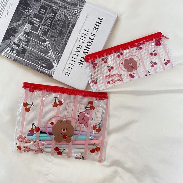 

red cartoon cute cherry bear grid pencil case pvc transparent large capacity student stationery cosmetics storage bag portable bags