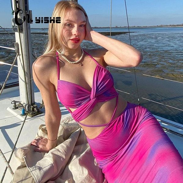 

casual dresses cnyishe criss cross strap lace up maxi women elegant halter bodycon night club outfits bandage tie dye dress vestidos, Black;gray