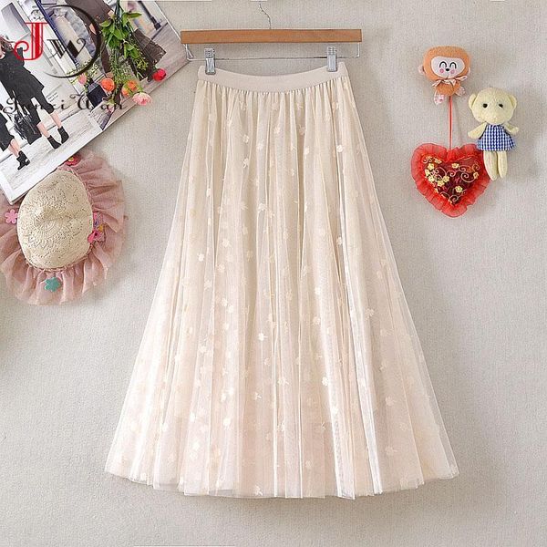 

skirts women summer embroidery lace mesh pleated skirt 2021 spring solid elastic waist korean elegant office midi vacation robe, Black