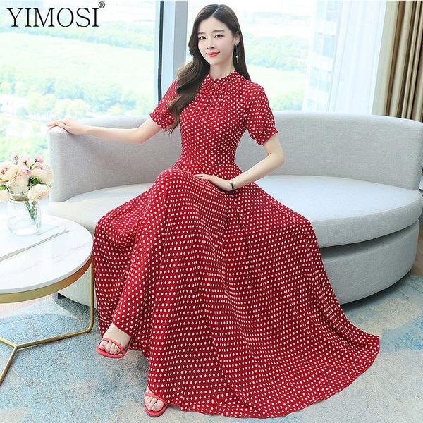 

casual dresses 2021 summer polka dot printed women chiffon dress ladies puff sleeve high waist a line plus size maxi, Black;gray