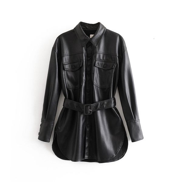 

women's jackets wf80-3002 imitation leather coat jacket women with belt fashion tnaf, Black;brown