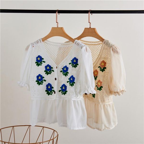 

women's blouses & shirts 2021 summer style korean chic fashion crochet hollow v-neck short sleeve outer blouse women, White