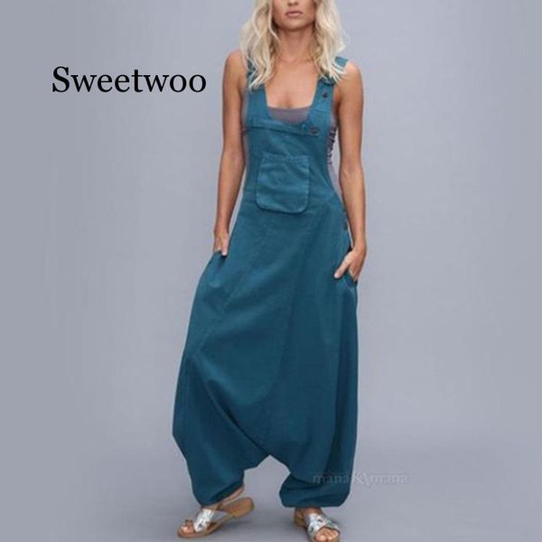 

women's jumpsuits & rompers 2021 summer women casual button pockets jumpsuit vintage sleeveless long solid plus size playsuit, Black;white