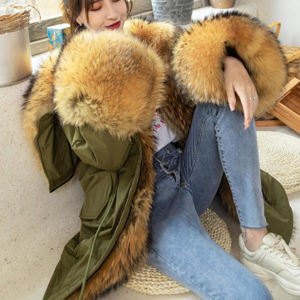 

women's fur & faux 2021 winter jacket women big natural raccoon collar hood long parka real coat thick warm streetwear parkas, Black