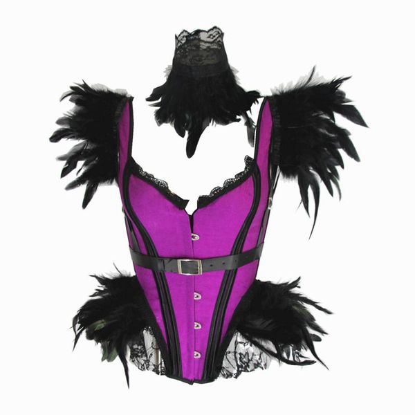 

bustiers & corsets 3 pcs womens goth burlesque feather overbust corset lingerie with collar and shawl costume party, Black;white