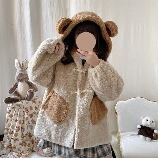 

winter kawaii ears women teddy coat soft girls cute lolita faux fur jacket vintage plush warm outerwear female brown overcoat, Black;gray