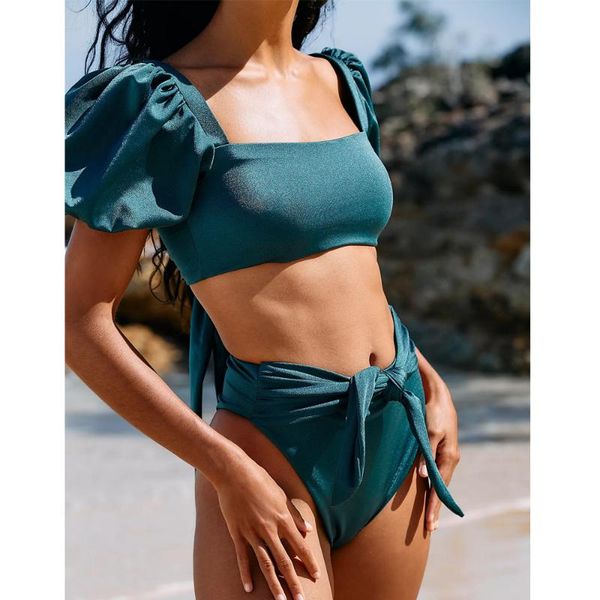 

women's swimwear woman bikini sets swimsuit 2021 split bubble sleeve solid color set swumsuit donsignet, White;black
