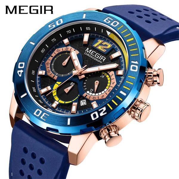 

wristwatches megir mens watches waterproof sports quartz watch men blue silicone strap army military men's wristwatch clock, Slivery;brown