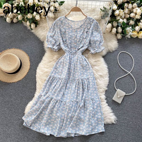 

korean sweet floral dress women puff sleeve v neck a-line ruffles es summer bohemian print chiffon beach 210512, Black;gray