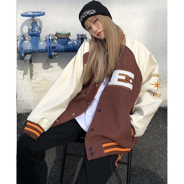

women's jackets hip hop streetwear female autumn winter korean plus size thick sweater loose baseball jacket uniform tide women coat, Black;brown
