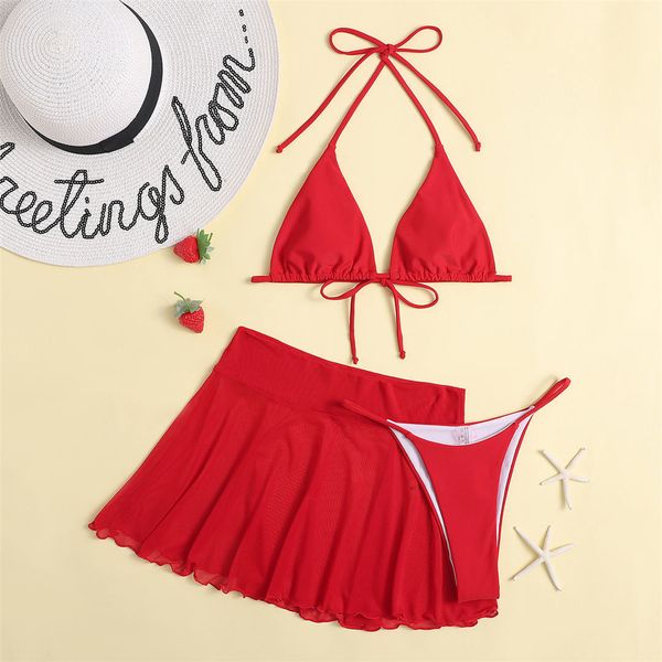 

halter red bikini women swimwear female swimsuit three-pieces bikini set with skirt thong bather bathing suit swim k2940
