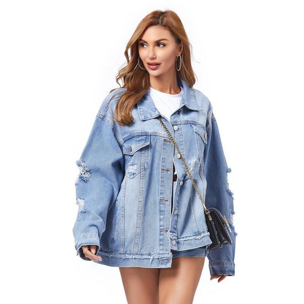 

women's jackets ripped jean women spring fashion lapel long sleeve baggy denim jacket femme retro tassel single breasted blue outerwear, Black;brown