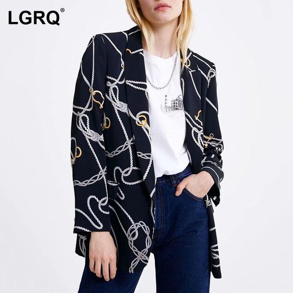 

women's suits & blazers [lgrq] women black chain print blazer notched neck long sleeve loose fit jacket fashion tide spring autumn 2021, White;black