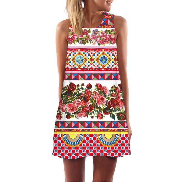 

casual dresses fashion summer floral dress women's printed sundress o-neck sleeveless tunic tank a line loose beach party mini, Black;gray
