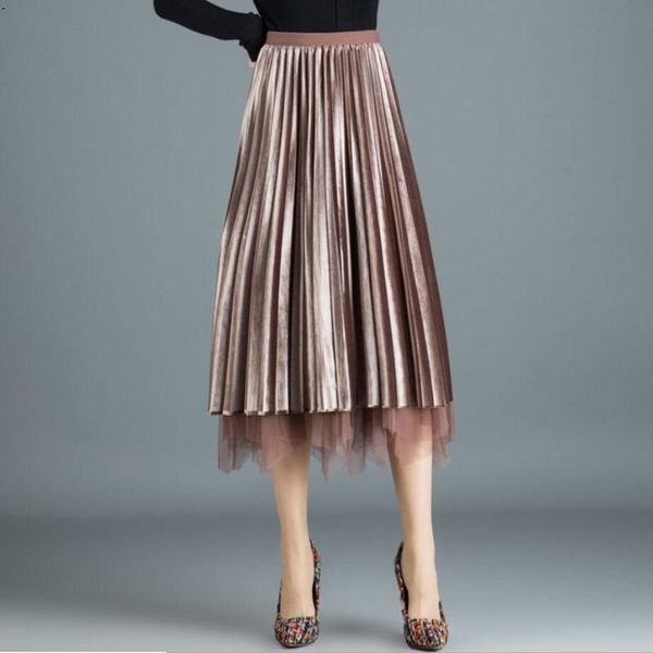 

skirts 1205 girl two-sided pleated skirt irregular velvet mesh autumn winter long women, Black