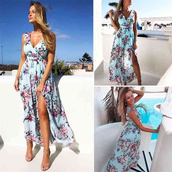 Frauen Kleid Chiffon Boho Blumendruck Langer Strand Ärmellos V-Ausschnitt Hohe Taille Abend Party Sommer Mode Split Sommerkleid 210522