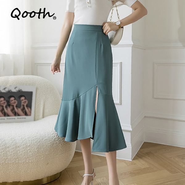 

qooth ruffled fishtail skirt high waist thin spring summer split irregular mid-length skirt office lady elegant skirt qt530 210518, Black