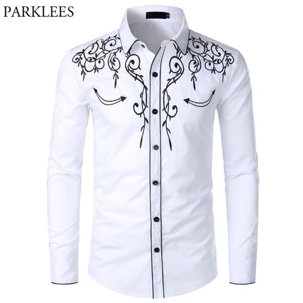 Mens Western Cowboy Camiseta Elegante Bordado Bordado Slim Fit Manga Longa Partido S Homens Marca Design Botão Banquete Down Masculino 210626