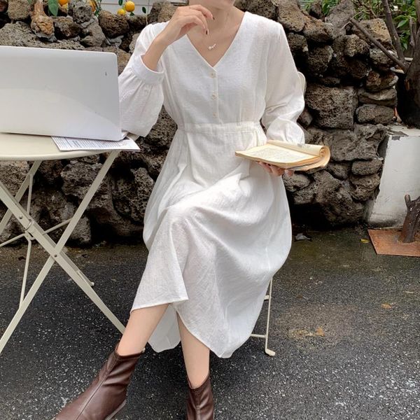 

casual dresses elegant long white dress women korean one piece office lady sleeve solid vintage y2k chiffon 2021 autumn, Black;gray