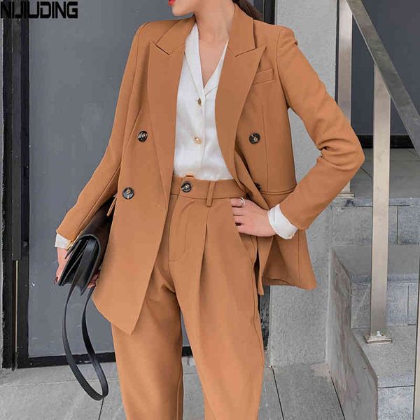 Vintage Primavera Autunno Donne Pant Suits Blazer Allentato Giacca e Pantaloni Gamba Ampio Ufficio Lady Due pezzi Set casual femminili 210514