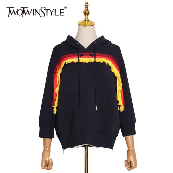 

twotwinstyle hit color tassel sweatshirt for women hooded collar long sleeve casual printed geometric sweatshirts female 210517, Black
