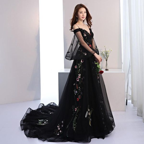 

ethnic clothing embroidery flower evening party dress elegant trailing celebrity banquet black spaghetti strap prom maxi 3xl, Red