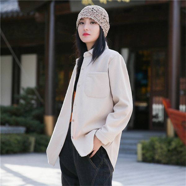 

johnature women vintage fleece jackets button cotton linen coats winter warm pockets solid color female casual jackets 210521, Black;brown