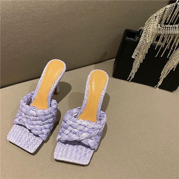 

slippers 2021 summer crocheting lafite grass square toe woman high heels sandals 42 size shoes, Black