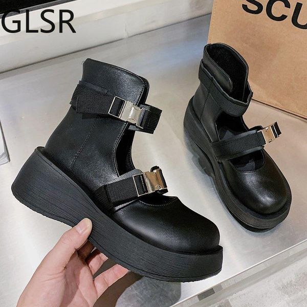 

dress shoes lolita buckle ankle strap platform shoe women patent leather thick sole punk hollow outs retro motorcycle boot girls, Black