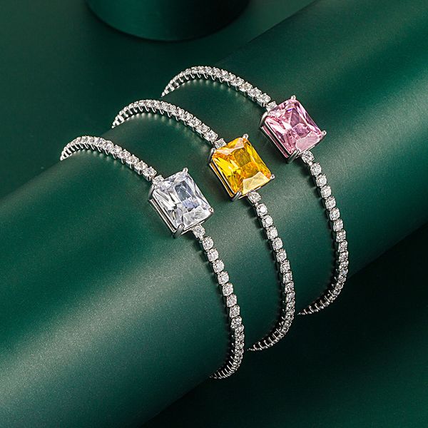 

new accessories colorful gemstone square diamond chain bracelet fashion pink diamond yellow diamond square stainless steel jewelry supply, Golden;silver